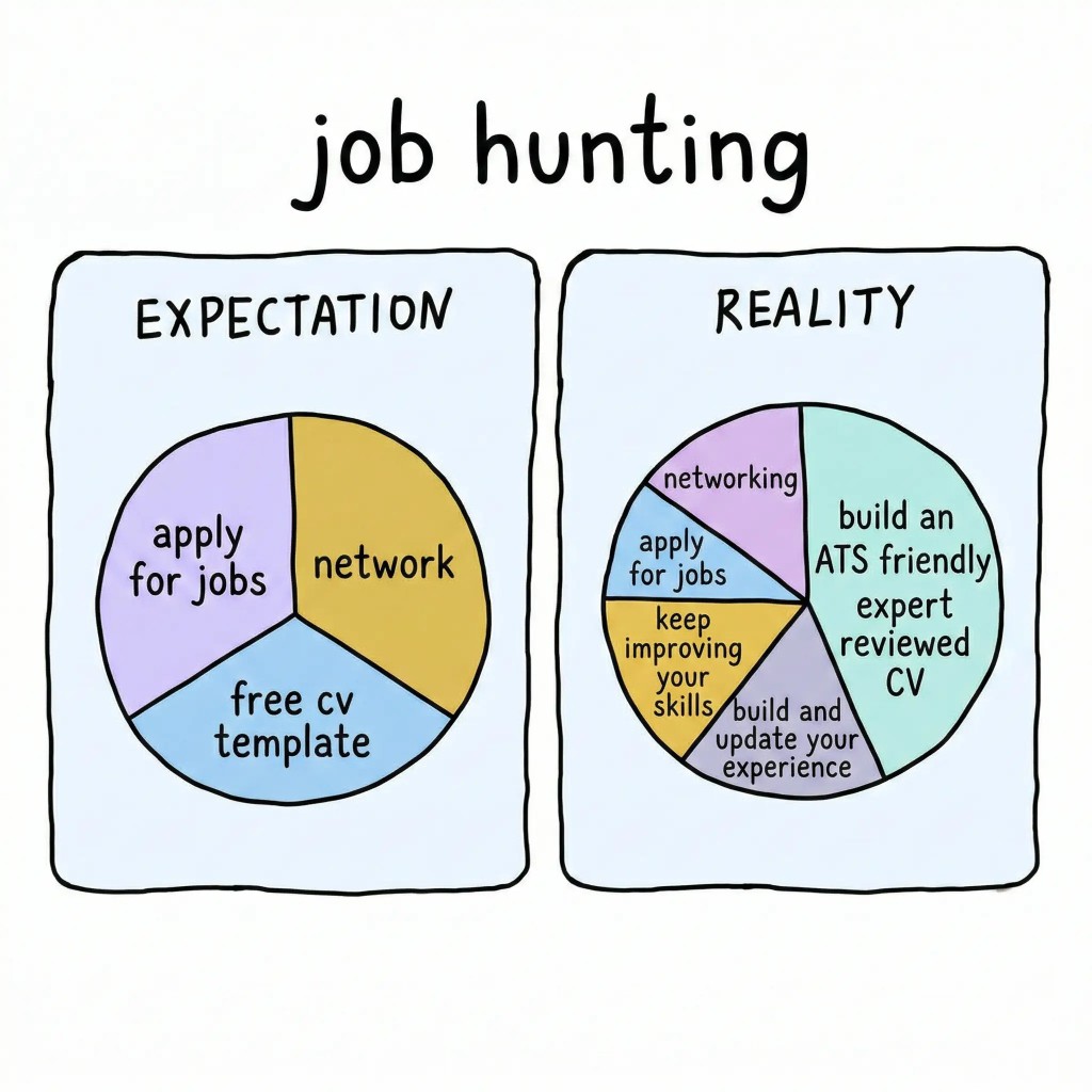 Job hunting expectation vs reality illustration